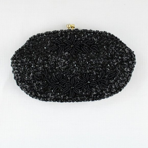 Vintage Black Beaded Purse Kiss Clasp Pouch Purse Frame Serpent Chain Gold PU30 - Picture 10 of 11